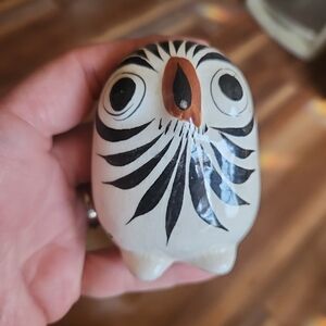 Hand-Painted Ceramic Tonala Owl Figurine in White and Black With Floral Painting